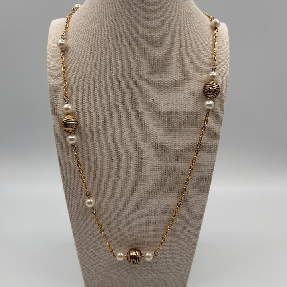 Vintage Gold Tone Faux Pearl Station Necklace‎ Long Textured Bead Chain 34"